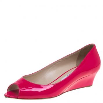 Pre Owned Jimmy Choo Pink Patent Leather Bergen Peep Toe Wedges Size 41.5
