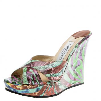 Pre Owned Jimmy Choo Multicolor Printed Canvas Wedge Slides Size 38