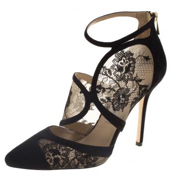 Pre Owned Jimmy Choo Black Suede and Lace Fyber Ankle Strap Pumps Size 39