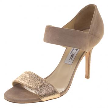 Pre Owned Jimmy Choo Beige Suede and Glitter Tesoro Strap Sandals Size 39
