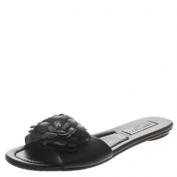 Pre Owned Jimmy Choo Black Leather Neave Floral Appliqué Slides Size 40