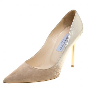 Pre Owned Jimmy Choo Beige Suede and Gold Dégradé Abel Pointed Toe Pumps Size 37