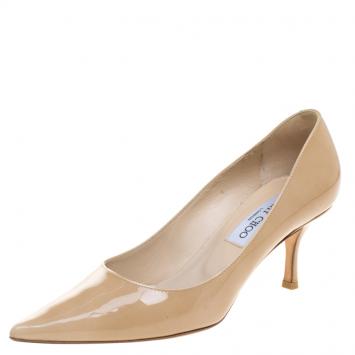 Pre Owned Jimmy Choo Beige Patent Leather Aurora Pointed Toe Pumps Size 37