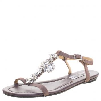 Pre Owned Jimmy Choo Brown Suede Crystal Embellished Flat Sandals Size 38.5