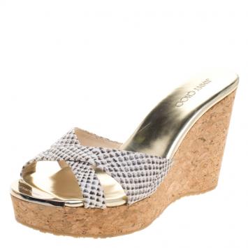 Pre Owned Jimmy Choo Cream Python Embossed  Prima Cork Wedge Sandals Size 37.5