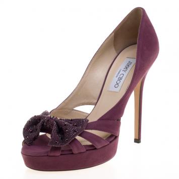 Pre Owned Jimmy Choo Purple Shimmer Suede Taja Crystal Embellished Bow Peep Toe Pumps Size 38