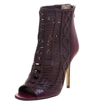 Pre Owned Jimmy Choo Bordeaux Braided Leather Java Peep Toe Ankle Boots Size 37.5