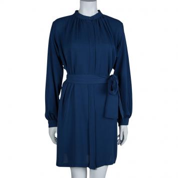 مملوكة مسبقًا Joseph Blue Silk Mandarin Collar Long Sleeve Belted Shirt Dress S