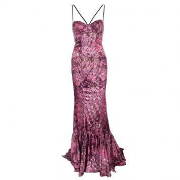 Pre Owned Just Cavalli Pink Printed Satin Flared Bottom Bustier Gown S