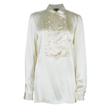 Pre Owned Just Cavalli Cream Silk Satin Long Sleeve Top L