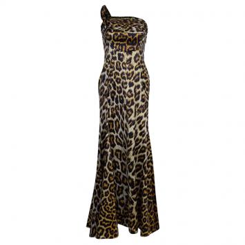 Pre Owned Just Cavalli Leopard Print One Shoulder Gown M