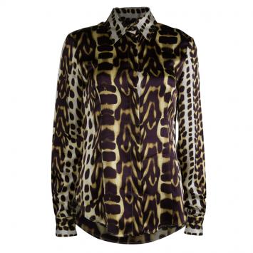 Pre Owned Just Cavalli Brown Silk Leopard Print Button Down Shirt M