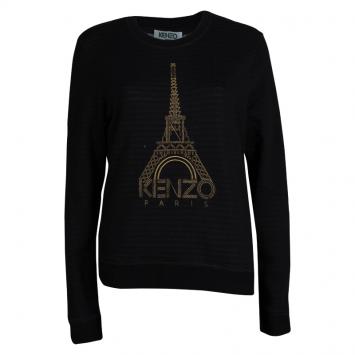 Pre Owned Kenzo Black Lurex Knit Eiffel Tower Print Sweatshirt L
