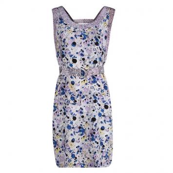 Pre Owned Kenzo Multicolor Silk Printed Drop Waist Sleeveless Belted Dress S
