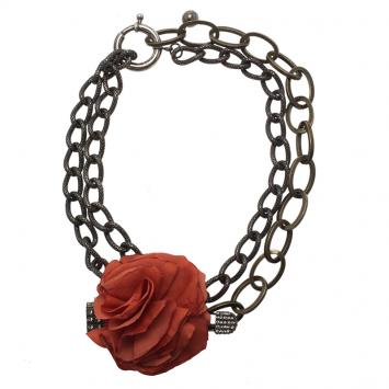 Pre Owned Lanvin Red Flower Crystal Pin Packlock Chain Necklace