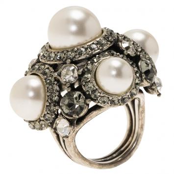 Pre Owned Lanvin Faux Pearls and Crystals Silver Tone Cocktail Ring Size 49