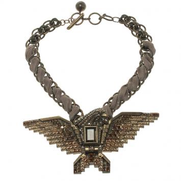Pre Owned Lanvin Brown Crystal Embellished Eagle Gold Tone & Fabric Necklace
