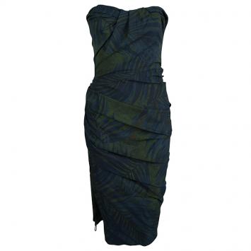 Pre Owned Lanvin Bottle Green Palm Leaf Print Strapless Ruched Midi Dress M