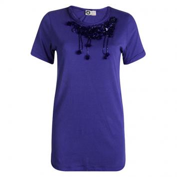 Pre Owned Lanvin Blue Knit Sequin Embellished Chiffon Trim Top S