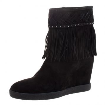 Pre Owned Le Silla Black Suede Concealed Fringed Wedge Boots Size 40