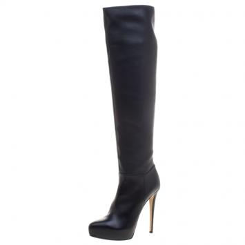 Pre Owned Le Silla Black Leather Over The Knee Platform Boots Size 37.5