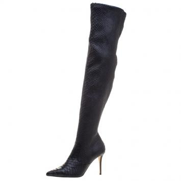 Pre Owned Le Silla Black Python Over The Knee Pointed Toe Boots Size 40