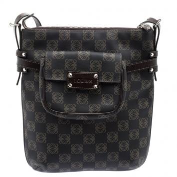 Pre Owned Loewe Dark Brown Vinyl and Leather Logos Anagram Crossbody Bag