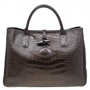 Pre Owned Longchamp Brown Glaze Croc Embossed Leather Roseau Tote