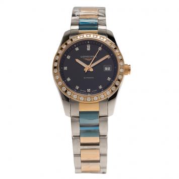 Pre Owned Longines Black Stainless Steel and 18K Gold Diamond Conquest Women's Wristwatch 29MM