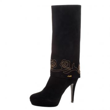 Pre Owned Loriblu Black Suede Cuff Embroidered Calf Length Boots Size 38