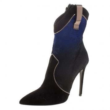 Pre Owned Loriblu Black/Blue Ombre Pony Hair High Heel Boots Size 37.5