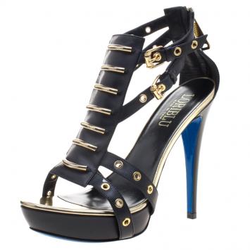 Pre Owned Loriblu Black Leather Strappy Eyelet Detail Platform Sandals Size 39