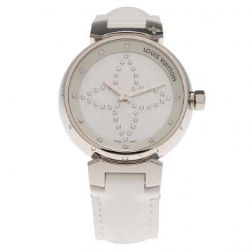 Pre Owned Louis Vuitton Mother of Pearl Stainless Steel Tambour Women's Wristwatch 34MM