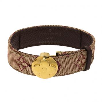 Pre Owned Louis Vuitton Wish Monogram Burgundy & White Canvas Gold Tone Wide Bracelet