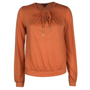 Pre Owned Louis Vuitton Orange Knit Braided Neck Tie Detail Long Sleeve Top S