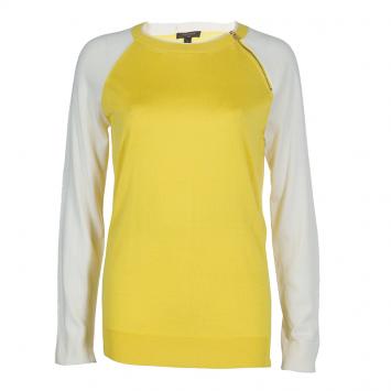 Pre Owned Louis Vuitton Yellow and White Shoulder Zip Detail Sweater M