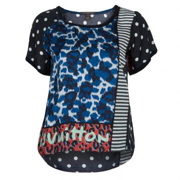 Pre Owned Louis Vuitton Multicolor Print Paneled Short Sleeve Silk Top S