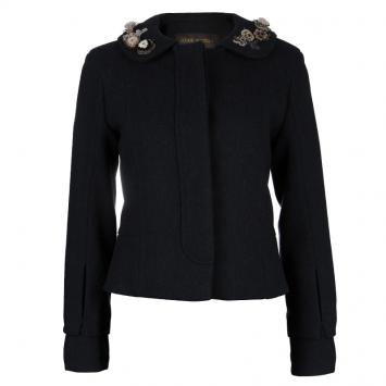 Pre Owned Louis Vuitton Black Wool Beaded Floral Applique Collar Detail Jacket S