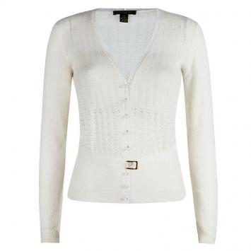 Pre Owned Louis Vuitton Cream Cashmere Perforated Belted Cardigan M
