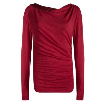 Pre Owned Louis Vuitton Red Knit Ruched Long Sleeve Top L