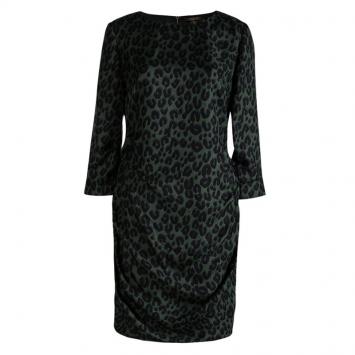 Pre Owned Louis Vuitton Olive Green Leopard Printed Silk Ruched Dress M