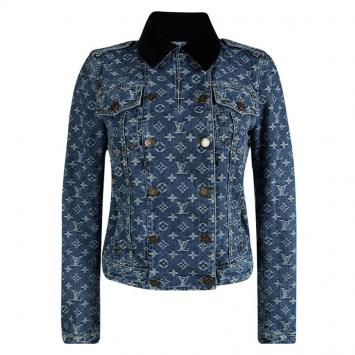 Pre Owned Louis Vuitton Indigo Monogrammed Denim Velvet Collar Detail Jacket S