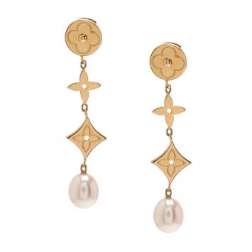 Pre Owned Louis Vuitton Pearl Monogram Earrings 18K Yellow Gold