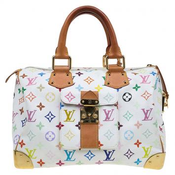 Pre Owned Louis Vuitton White Multicolor Monogram Canvas Speedy 30 Bag