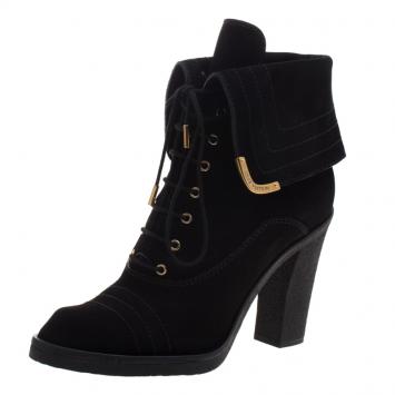 Pre Owned Louis Vuitton Black Suede Lace Up Ankle Boots Size 39