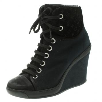 Pre Owned Louis Vuitton Black Canvas and Monogram Suede Batignolles Wedge Sneakers Size 37