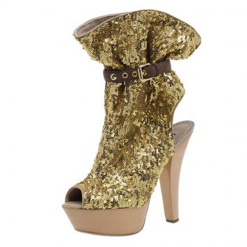 Pre Owned Louis Vuitton Gold Sequins Peep Toe Platform Ankle Boots Size 39