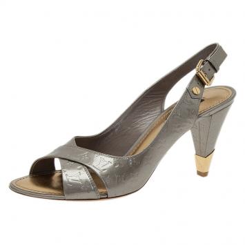 Pre Owned Louis Vuitton Grey Monogram Vernis No Doubt! Slingback Sandals Size 38.5