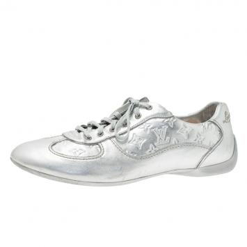 Pre Owned Louis Vuitton Metallic Silver Monogram Leather Lace Up Sneakers Size 39.5