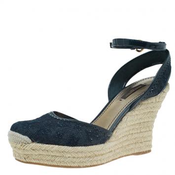 Pre Owned Louis Vuitton Navy Blue Monogram Canvas Espadrille Wedge Sandals Size 38